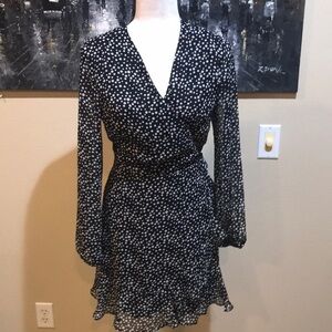All in Favor Black and White Polkadot Sheer Wrap with Lining Midi Dress-Size M
